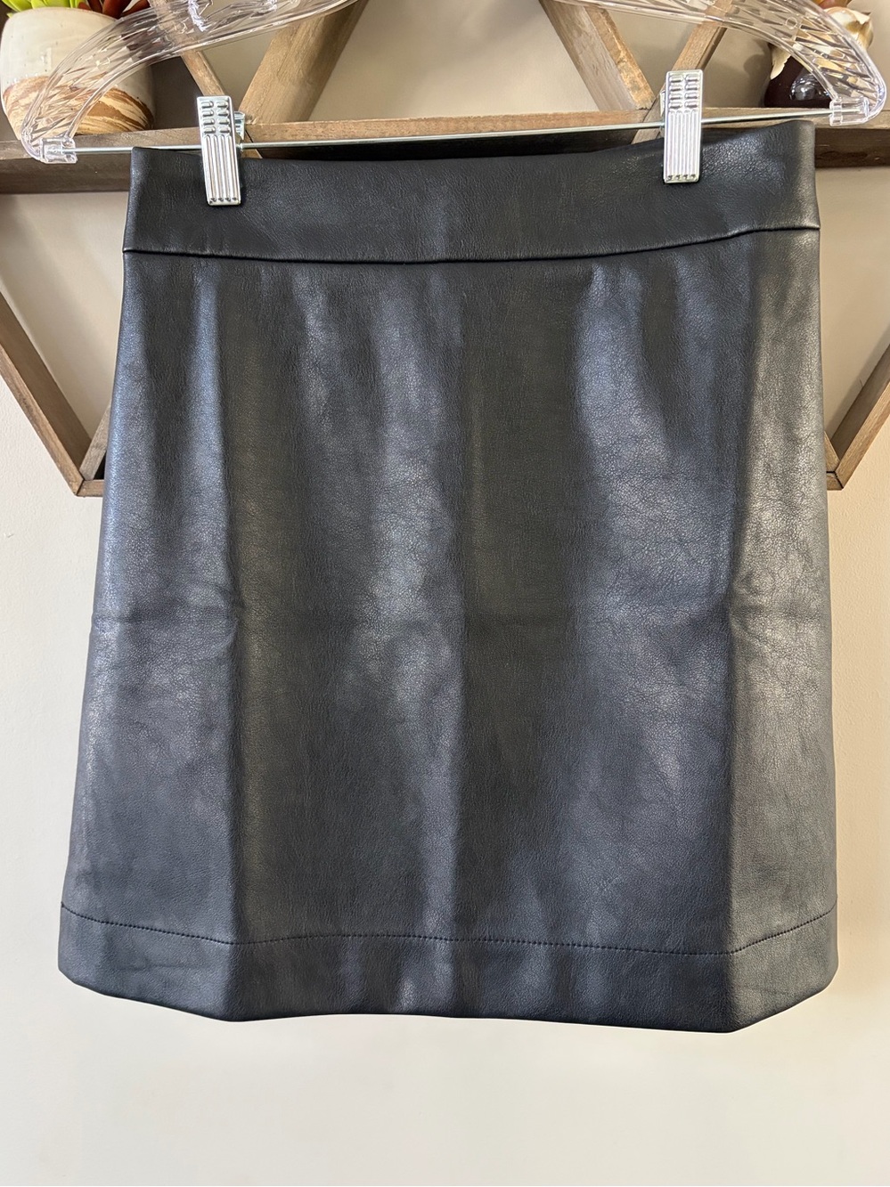 J. Crew black faux-leather A-line mini skirt. NWT. Size 0
